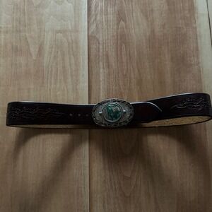 Vintage Justin Western Leather Belt Brown Leather Silver Tone Stone Buckle USA